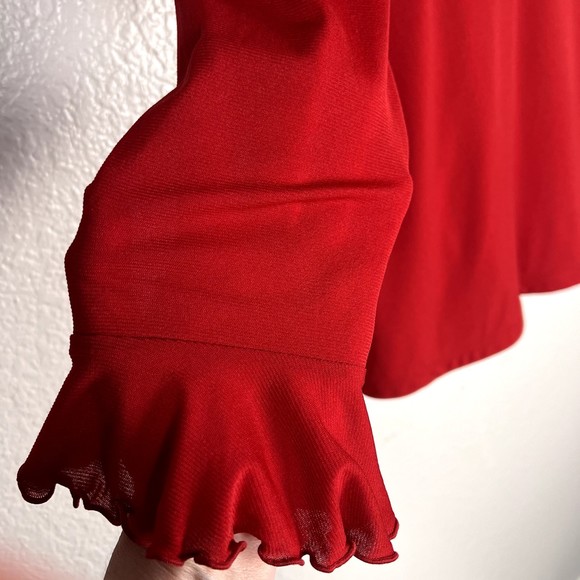 Style & Co Sz PS V-Neck Blouse Red 3/4 Sleeves Semi-Sheer Ruffles at Wrist - Picture 5 of 10